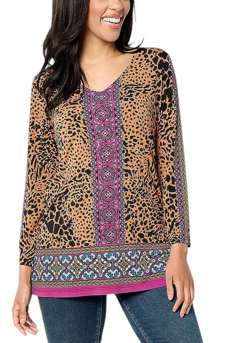 Susan Graver Women's Printed Liquid Knit 3/4 VNeck Top Berry/Copper - Petite